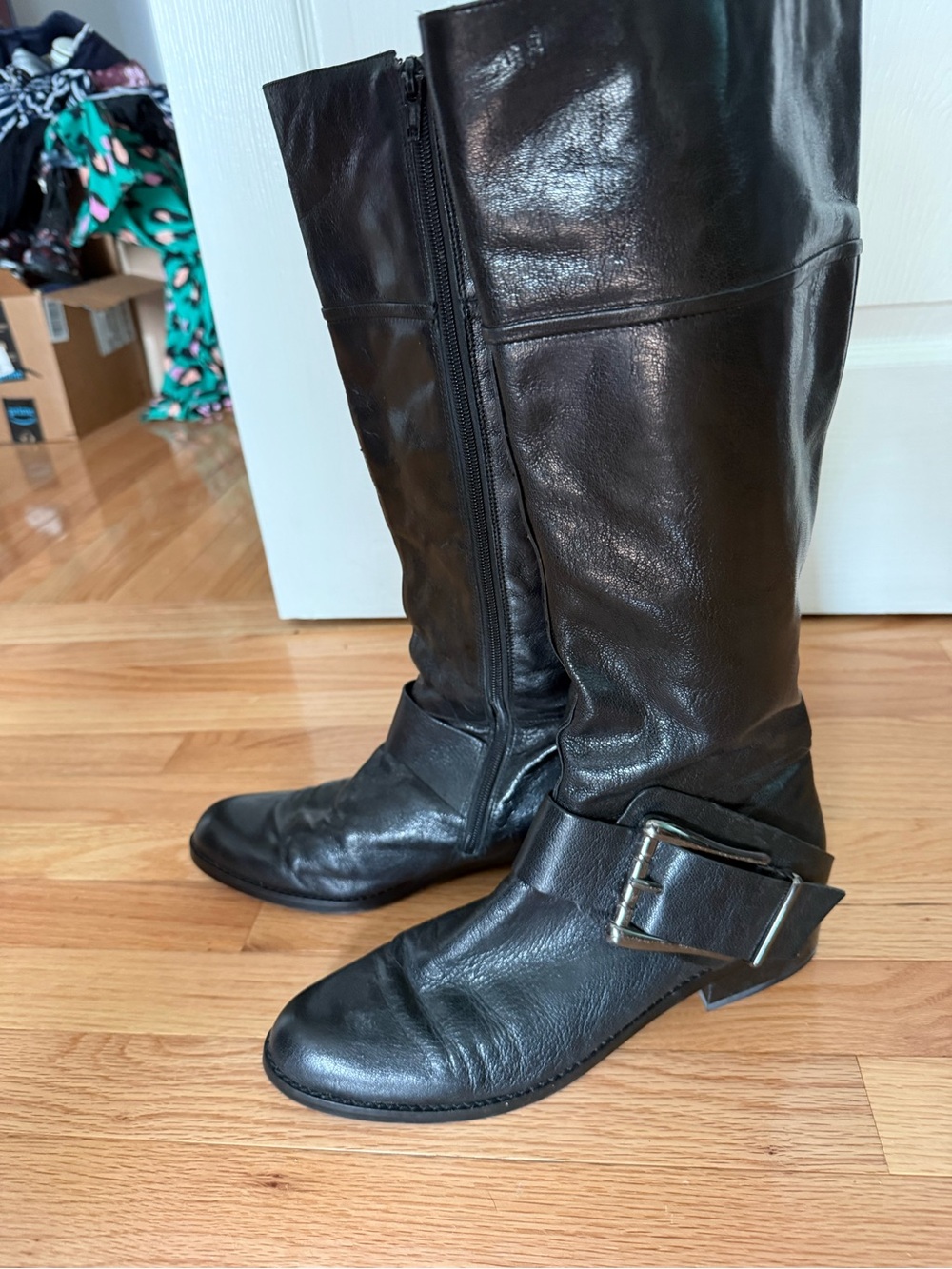 Women's Jessica Simpson Black Leather Knee Boots with Side Buckle